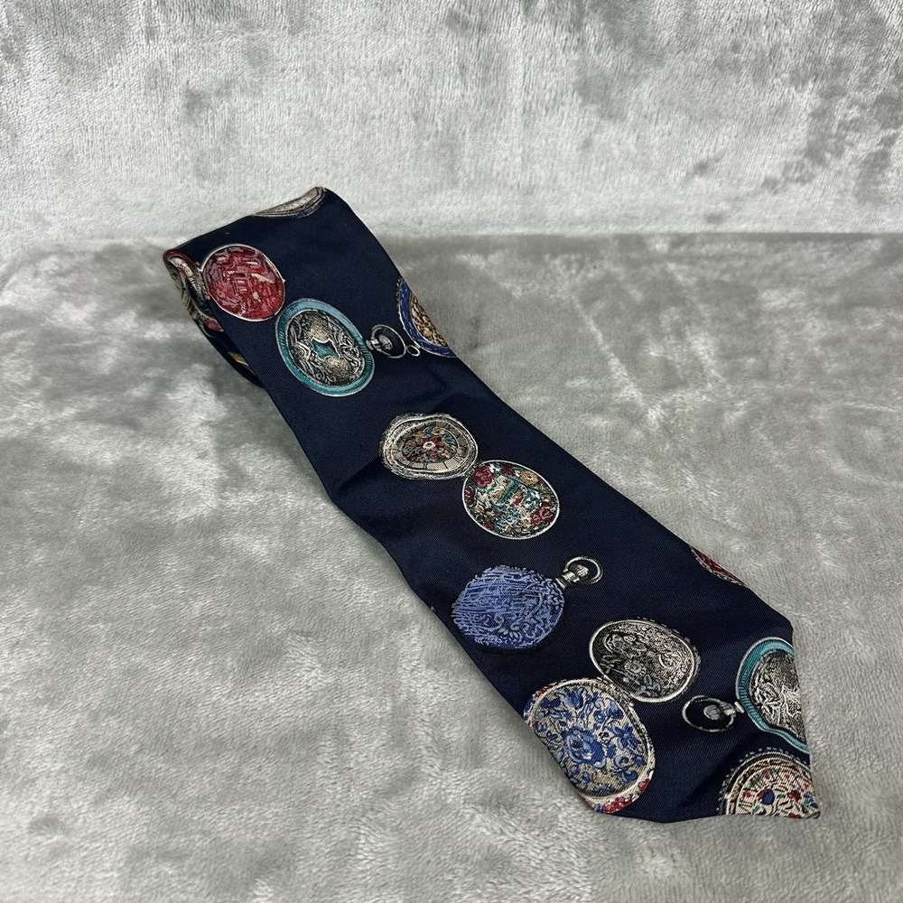 Theme Italy 100% Silk Neck Tie 3.25" x 59" Navy Blue w/ Vintage Pocket Watches